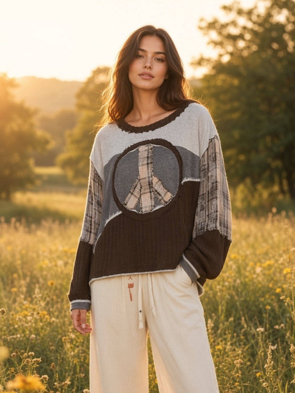 POL Sweat shirt Peace Sign Free Terry Boho / Peace Top Patchwork L Boutique